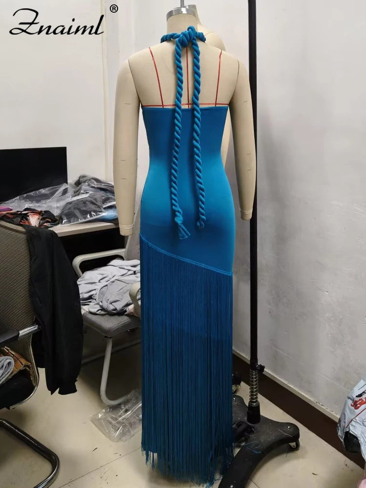 Znaiml Sexy Halter Backless Tassel Bodycon Blue Maxi Dress for Women Elegant Celebrity Birthday Party Evening Prom Formal Robe