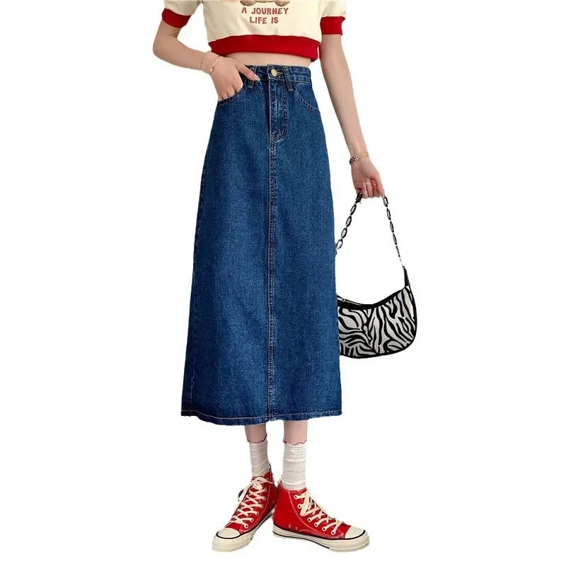 New 2022 Spring-Autumn Medium-Length Denim Skirt For Women High-Waisted Slimming Plus Size Curvy Girls A- Line Hip Covering Skir