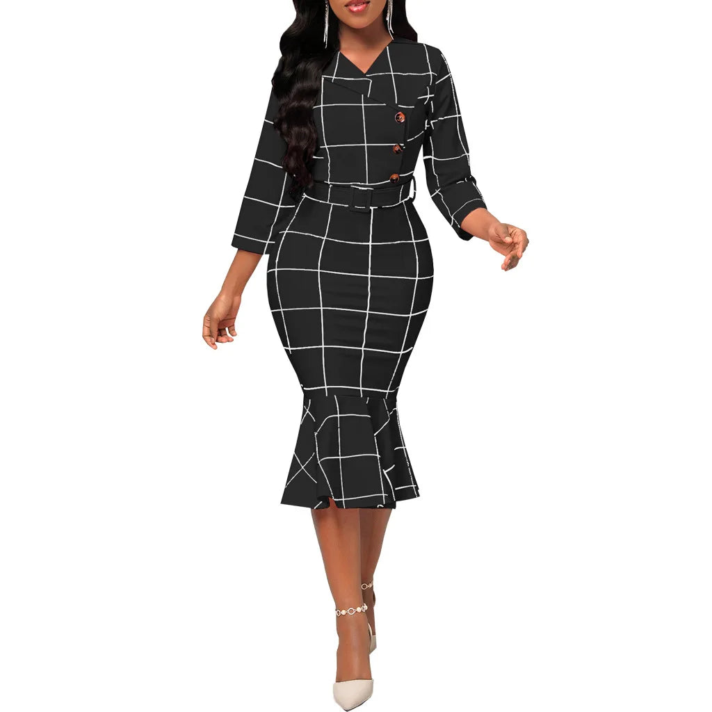 Sexy fashion solid color seven-quarter sleeve small V-neck women's dress SMR12189