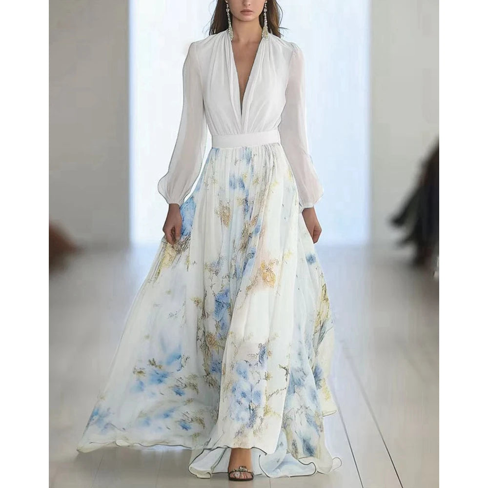 Floral Dress Print Long Sleeve Summer Women Dress Deep V Neck Slim Waist Maxi Dress for Party Evening Gown Vestidos Elegantes