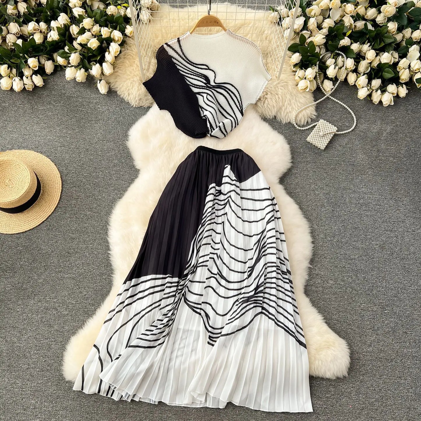 Summer Contrast Color Miyake 2 Pieces Set Women's Short Sleeve High Stretch Pullover Shirt Top+Long Pleated Chiffon Skirt Suit