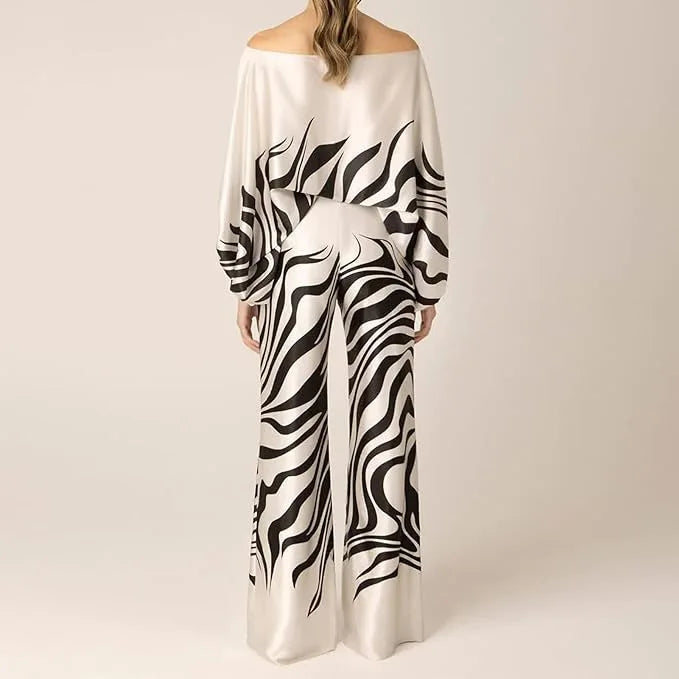 CM.YAYA Women Set Full Batwing Sleeve Slash Neck print Top + Wide Leg Pants Summer Street Two 2 Piece Sets Sexy Outfit Tracksuit