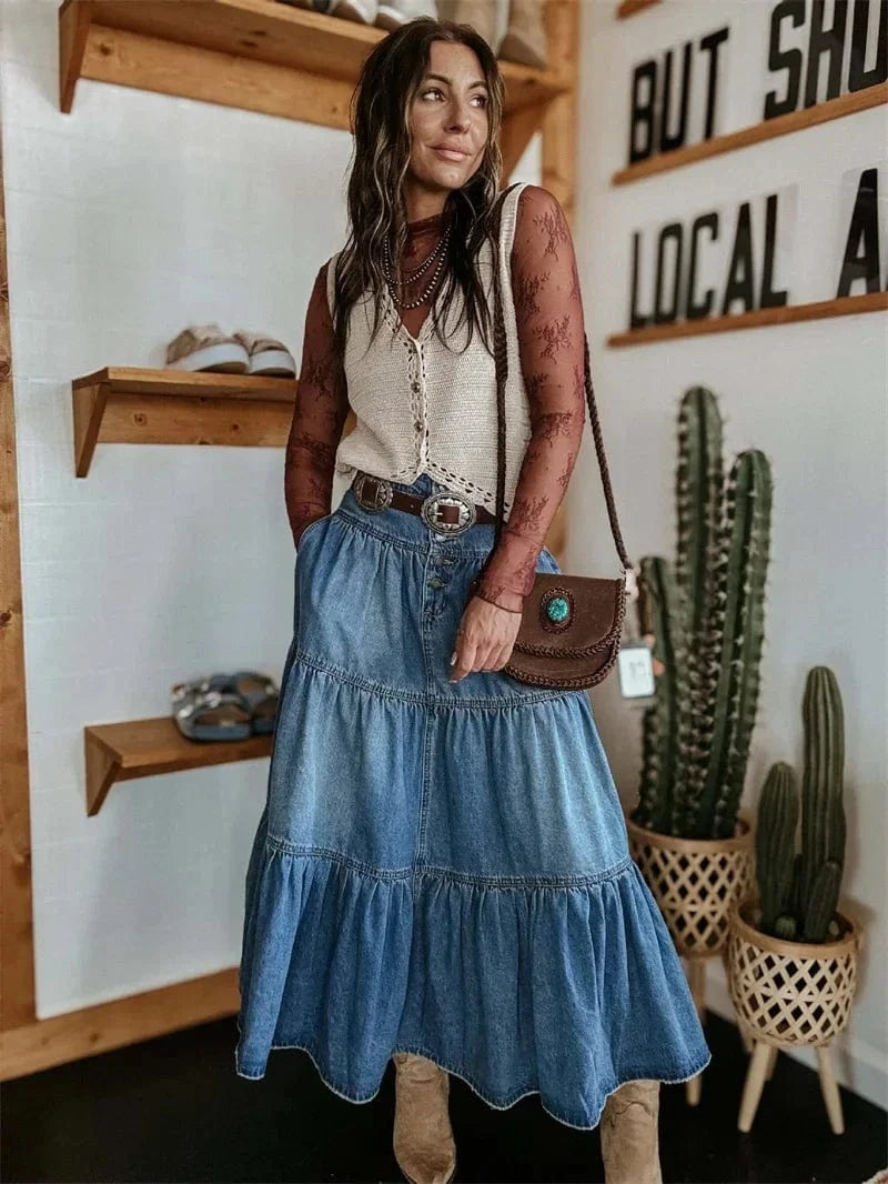 Bohemia Maxi Long Skirts Women Spring Summer Elastic High Waist Jean Skirt Ladies Vintage A-Line Ruffle Pleated Denim Skirts