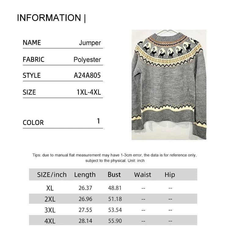 Plus Size Women's Retro Pattern Long Sleeve Sweater Round Neck Pullover Grey Best Choice for Autumn and Winter