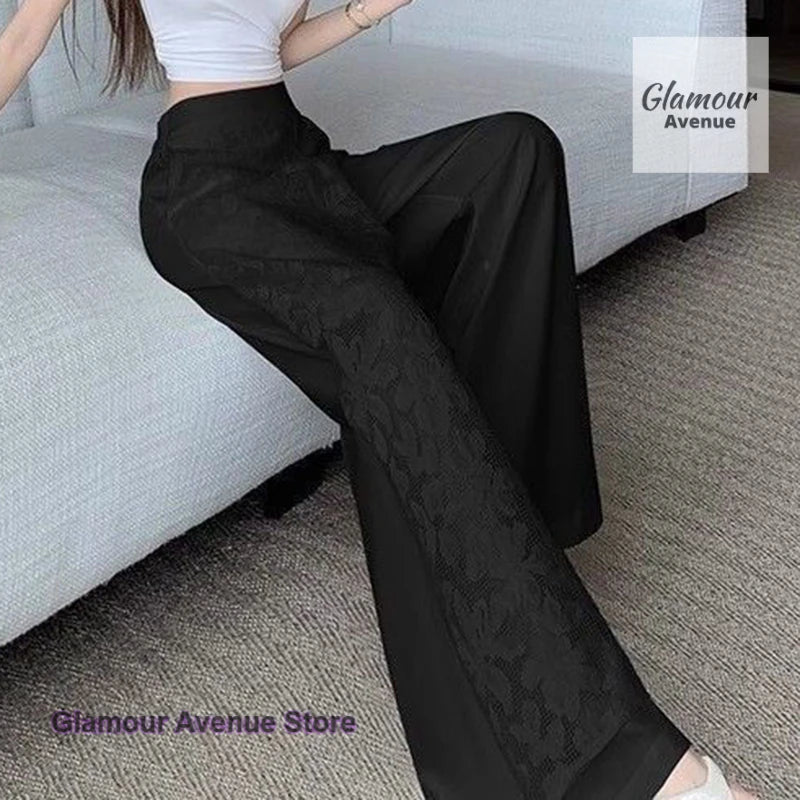 French style lace stitching high waist wide-leg pants women's summer thin fashion fake two pieces of casual Joker long pants.