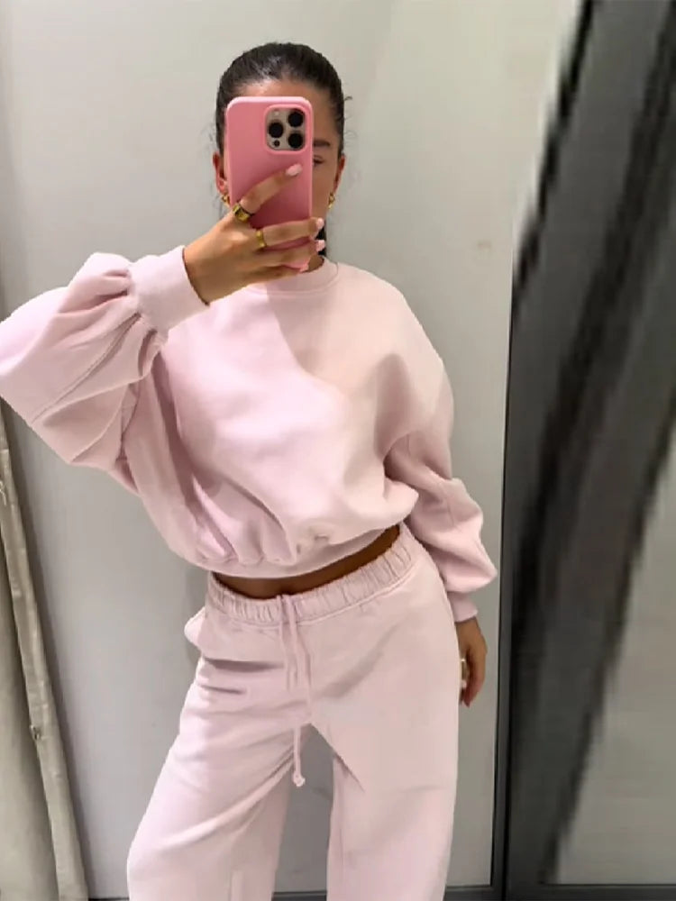 Women Round Neck Short Hoodie Pants Set Solid Color Casual Cozy Sportswear Set Top Trousers Two-piece Set Autumn New Streetwear