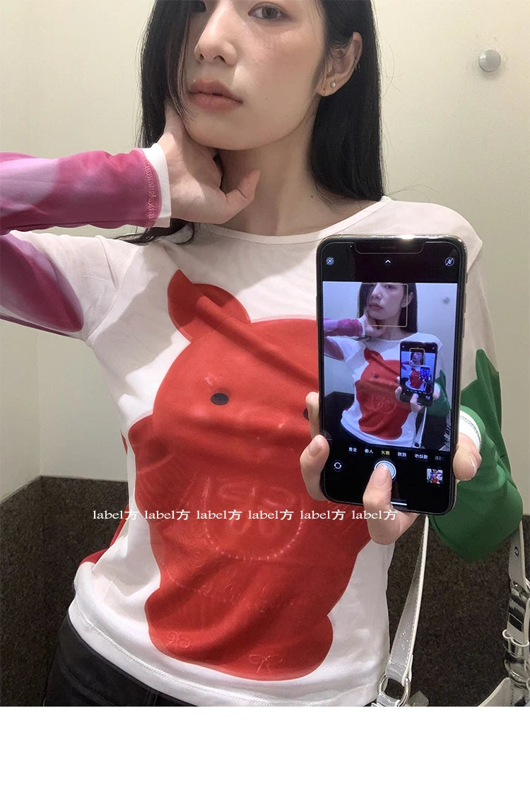 Karrram Y2k Aesthetics Mesh Tops Japanese Harajuku Cartoon Print T-shirt 2000s Vintage Cute T Shirt Korean Style Dopamine Tops