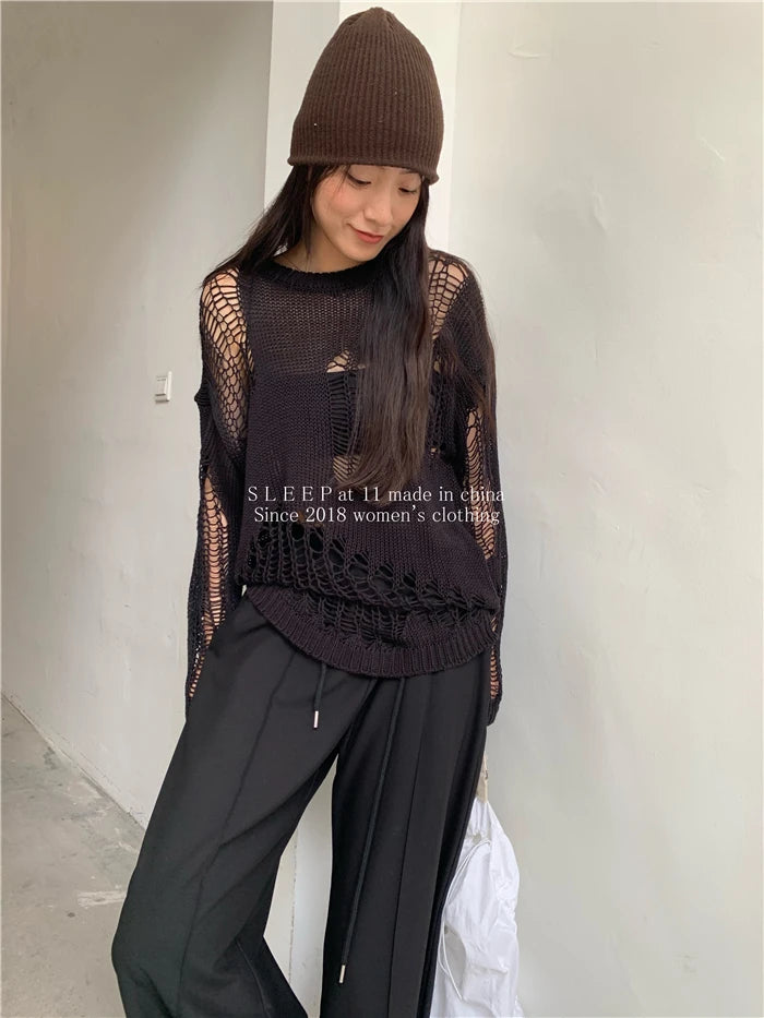 Karrram Gothic Hollow Out Sweater Hole See Through Oversized Knitted Pullovers Emo Streetwear Grunge Clothes Y2k Tops Spring