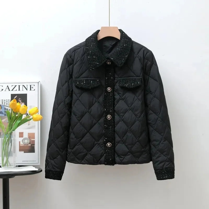 Lightweight Down Cotton Jacket Women's Short Jacket 2023 Winter New White French Style Fashion Women Jackets Patchwork Tweed Coa