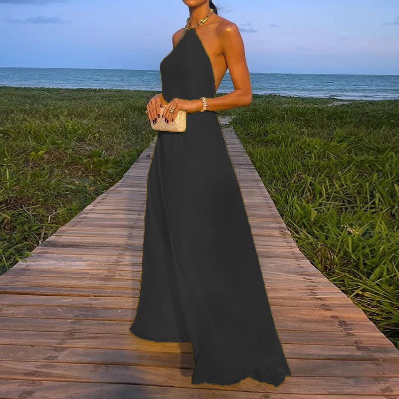 2025 Halter Beach Style Women Summer Maxi Dress Solid Chain Loungewear Backless Fashion Ladies Party Dress Sleeveless Streetwear