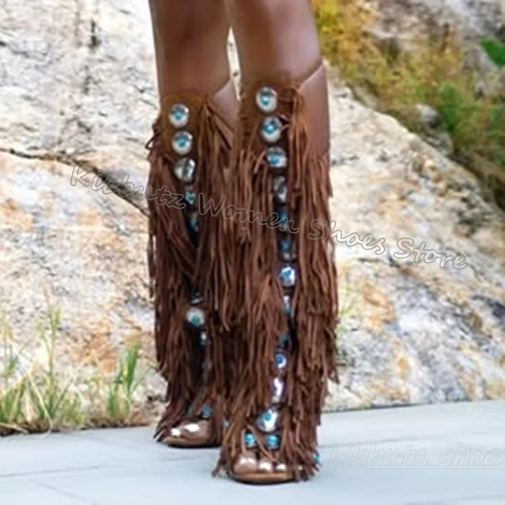 Suede Tassels Sandals Knee High Boots Crystal Glossy Solid Color Cross Strap Fashion Luxury Elegant Concise Women Shoes Newest