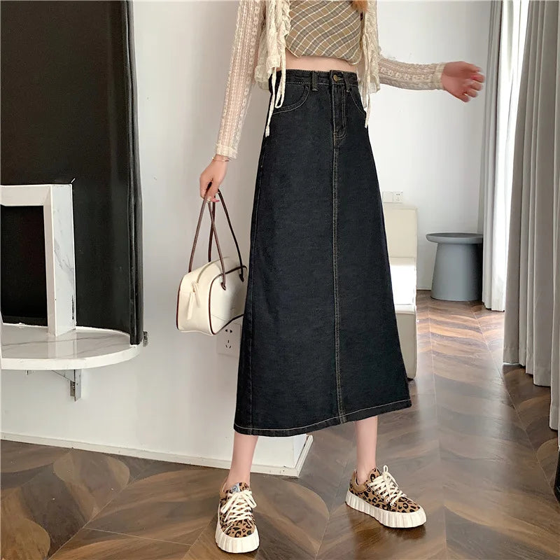 New 2022 Spring-Autumn Medium-Length Denim Skirt For Women High-Waisted Slimming Plus Size Curvy Girls A- Line Hip Covering Skir