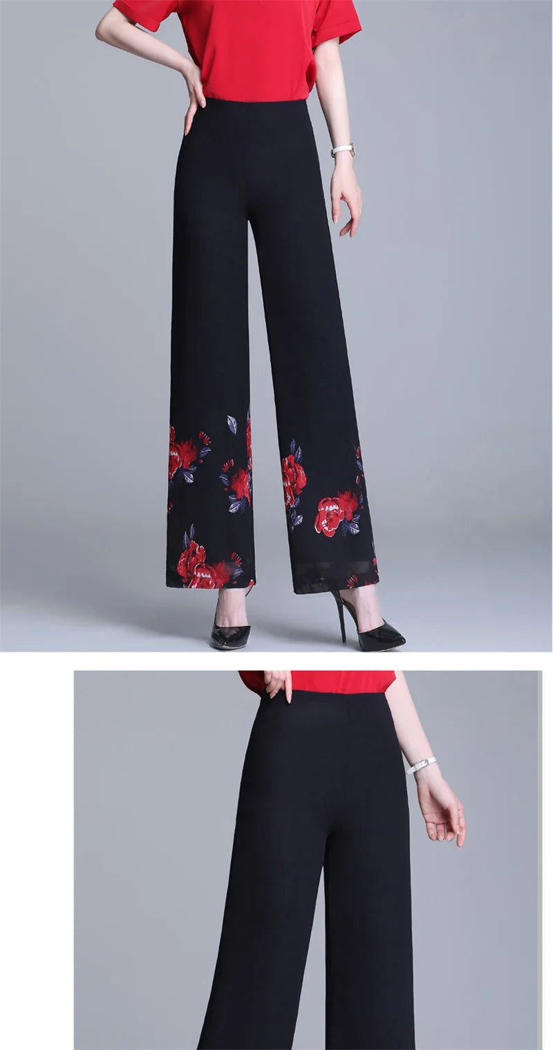 Double Layer Printed Chiffon Wide Leg Pants For Women's Summer New High Waisted Loose Dance Swing Pants Drooping Skirt Pants LA