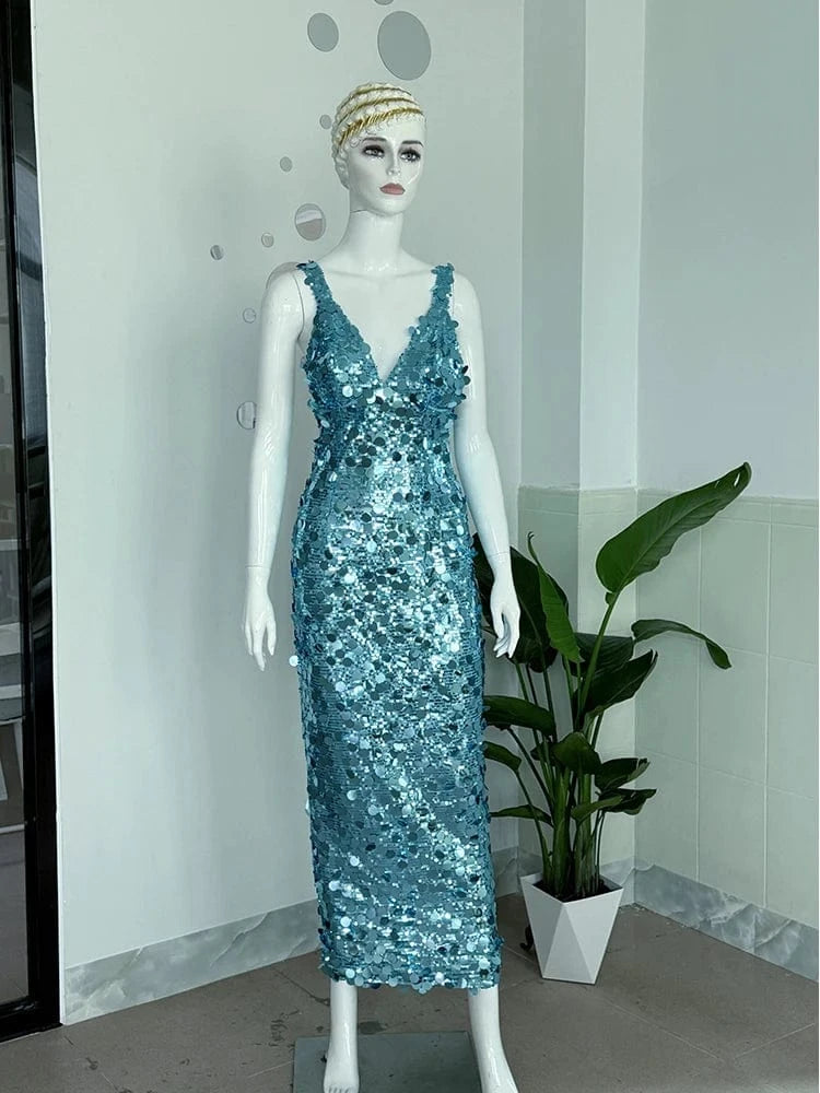 2025 New Sexy Straps Deep V Neck Blue Sequins Long Dress Women Sleeveless Backless Bodycon Dress Evening Party Cocktail Gown