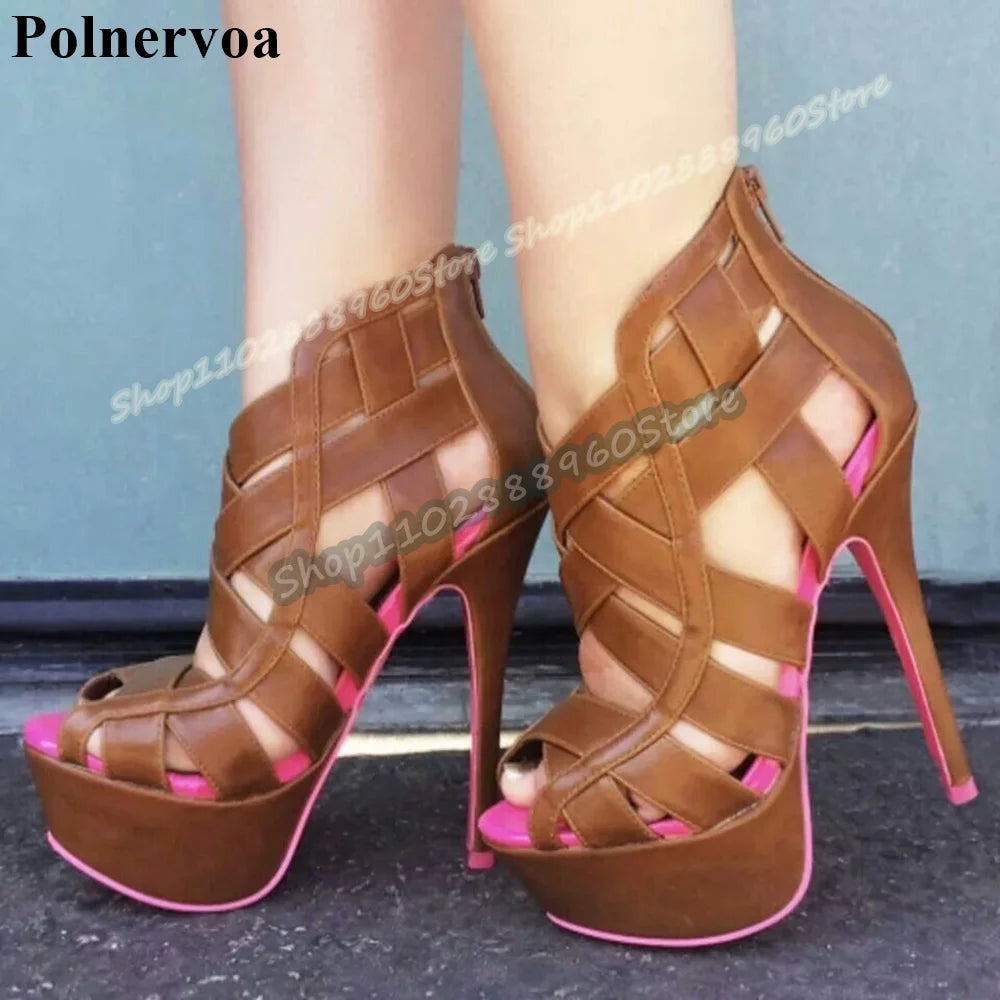 Black Cross Strap Pink Sole Platform Sandals Stilettos High Heel Shoes For Women Back Zipper Peep Toe Casual Party Sandals