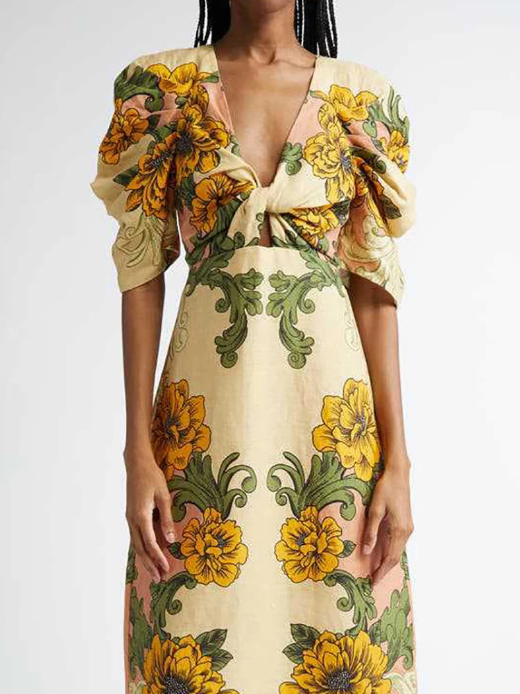 Casual Women's Beach Long Dresses Sexy Deep V Neck Puff Sleeve Party Dress New Summer Retro Printed High Waisted Dress Vestidos