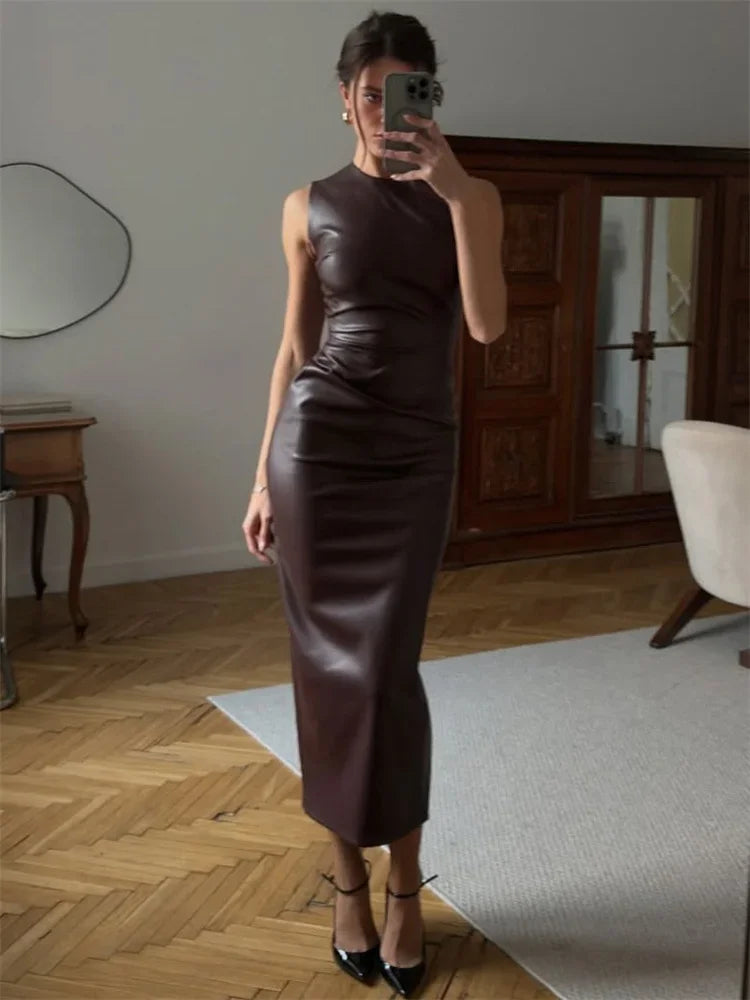 Pu Leather Bodycon Maxi Dress