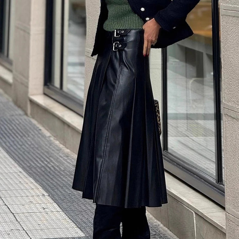 PU High Waist Pleated Women's Long Skirt Fashion Temperament Black Commuting Skirt New 2025 Street Decoration Autumn Half Skirt
