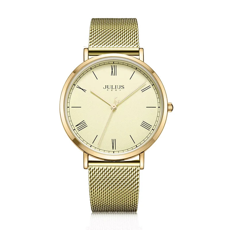 New Julius Women's Watch Fine Fashion British Plaid Style Hours Dress Bracelet Real Leather Clock Girl Birthday Gift Box