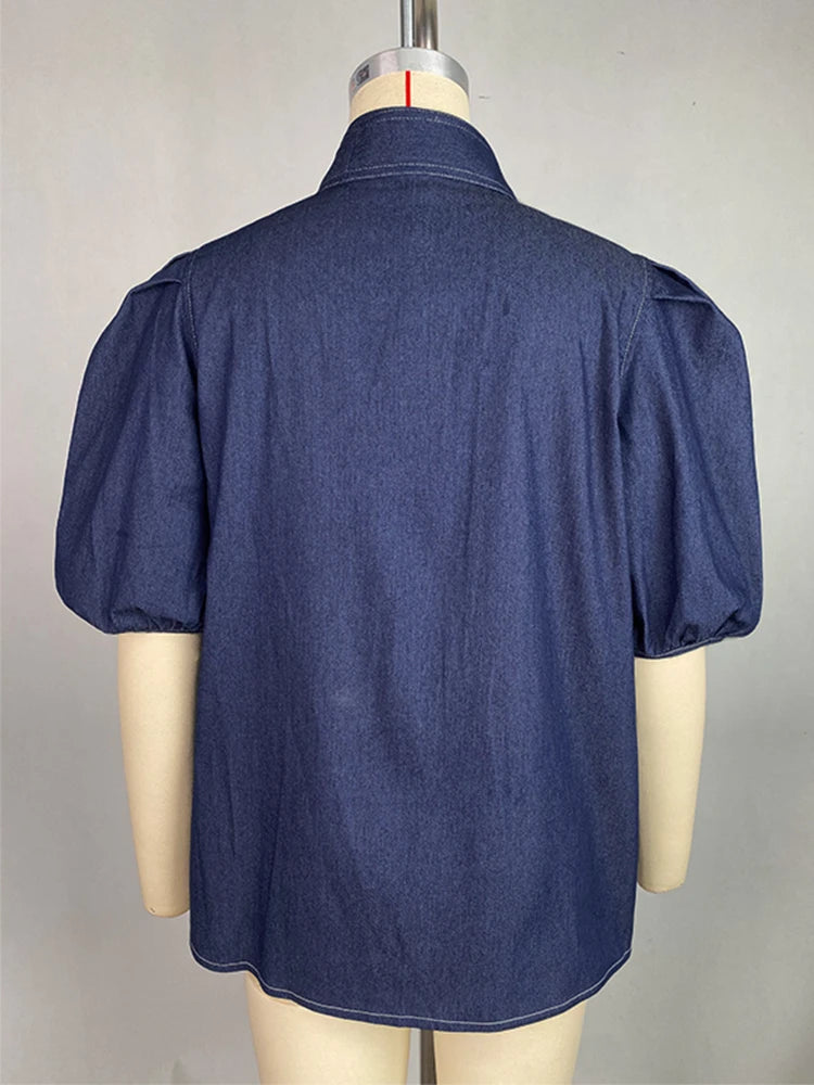 Beautyblue Denim Shirt Woman Short Sleeve Bow-Embellished Tops Summer Casual Streetwear Buttoned High Neck Puff Sleeves Blouses