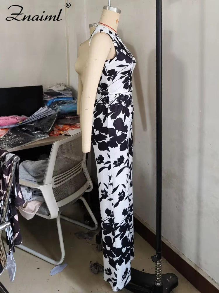 Znaiml Elegant Vacation Flowers Print O-Neck Tank Tops and Straight Wide Leg Pants 2 Pieces Women Sets Summer Birthday Outfits