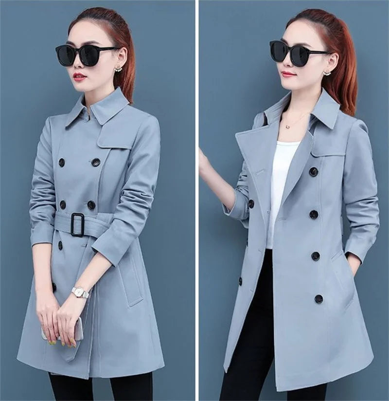 2025 New Trench Coat Midi Length Fashion Korean Elegant Khaki Black Loose Women's Windbreaker Coat Casual Double Breasted Tops