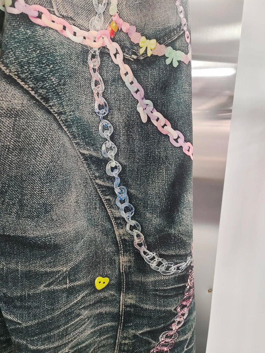 VGH Spliced Colorful Beading Chain Jeans for Women High Waist Patchwork Distressed American Retro Spring Trousers Female Style