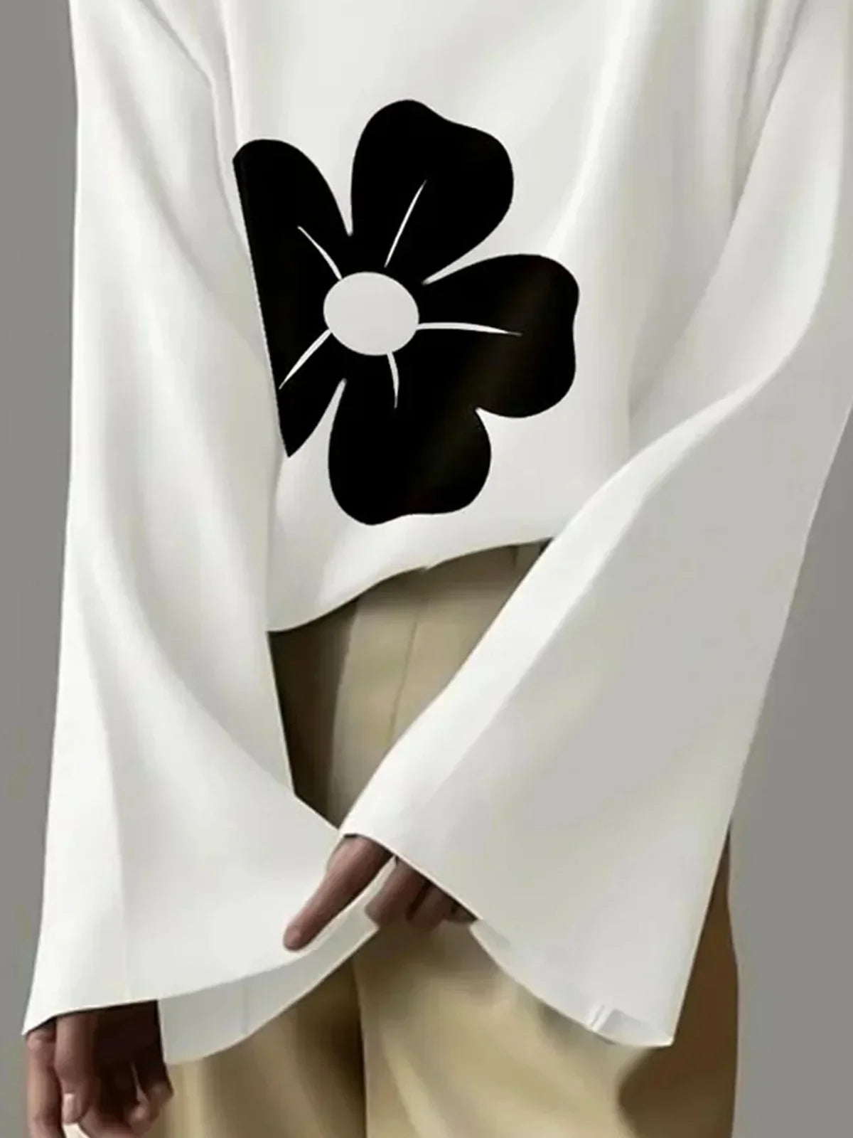 2024 New Spring Fashion Flower Printed High Neck Flared Sleeves Tops Korean Casual White T-Shirts For Women