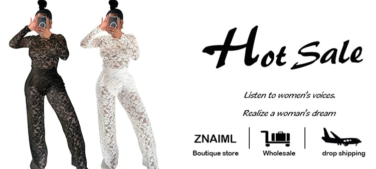 Znaiml Sexy Lace See through Two 2 Pieces Outfit Women Black Long Sleeve Bodysuits Top and Straight Pants Suit Birthday Clubwear