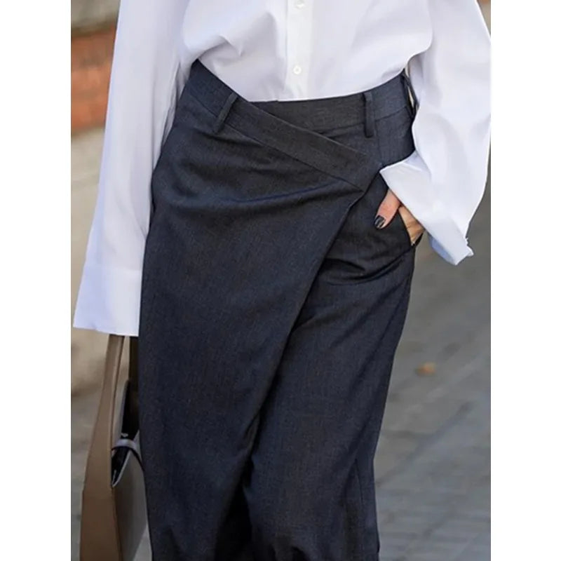 Trendy Women's Solid Color Commuter Pants 2025 Autumn New High Waist Asymmetric Wide Leg Trousers Casual Streetwear Pants