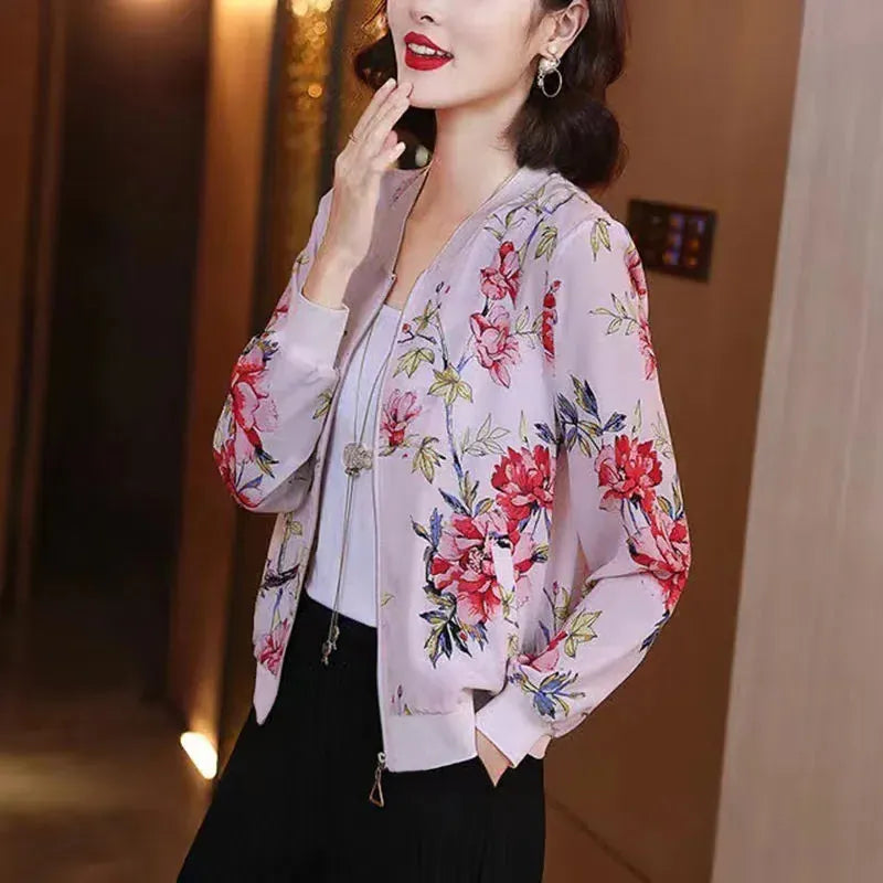 Fashion Print Jacket Female Spring Top 2024Summer UV Protection Joker Short Chiffon Sunscreen Clothing Female Top Thin Shirt Top