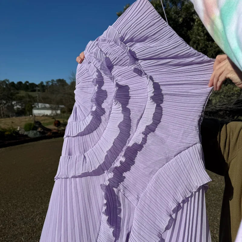 Chic Pleated Halter Neck Long Vacation Dress High Quality Purple Strapless Lotus Edge Maxi Dress 2025 New Lady Vacation Gown