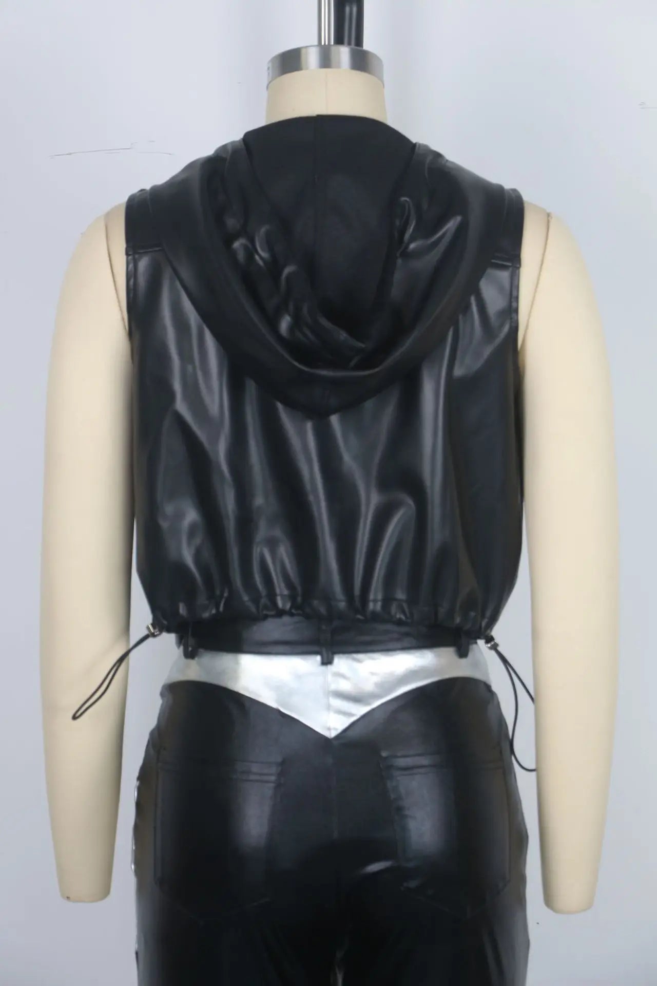 European and American fashion women's draw rope with hat three-dimensional pocket zipper PU leather vest for women