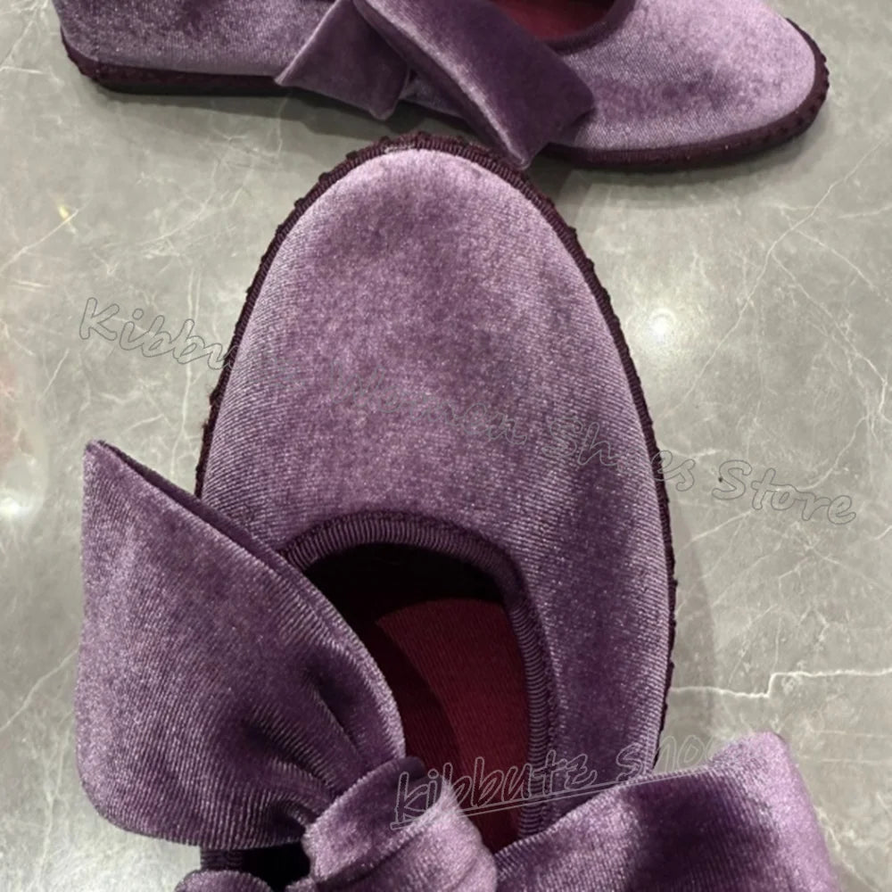 Velvet Bows Pumps Knots Solid Color Slip-On Round Toe Flat with Novelty Fashion Luxury Elegant Comfortable Sexy Women Shoes New