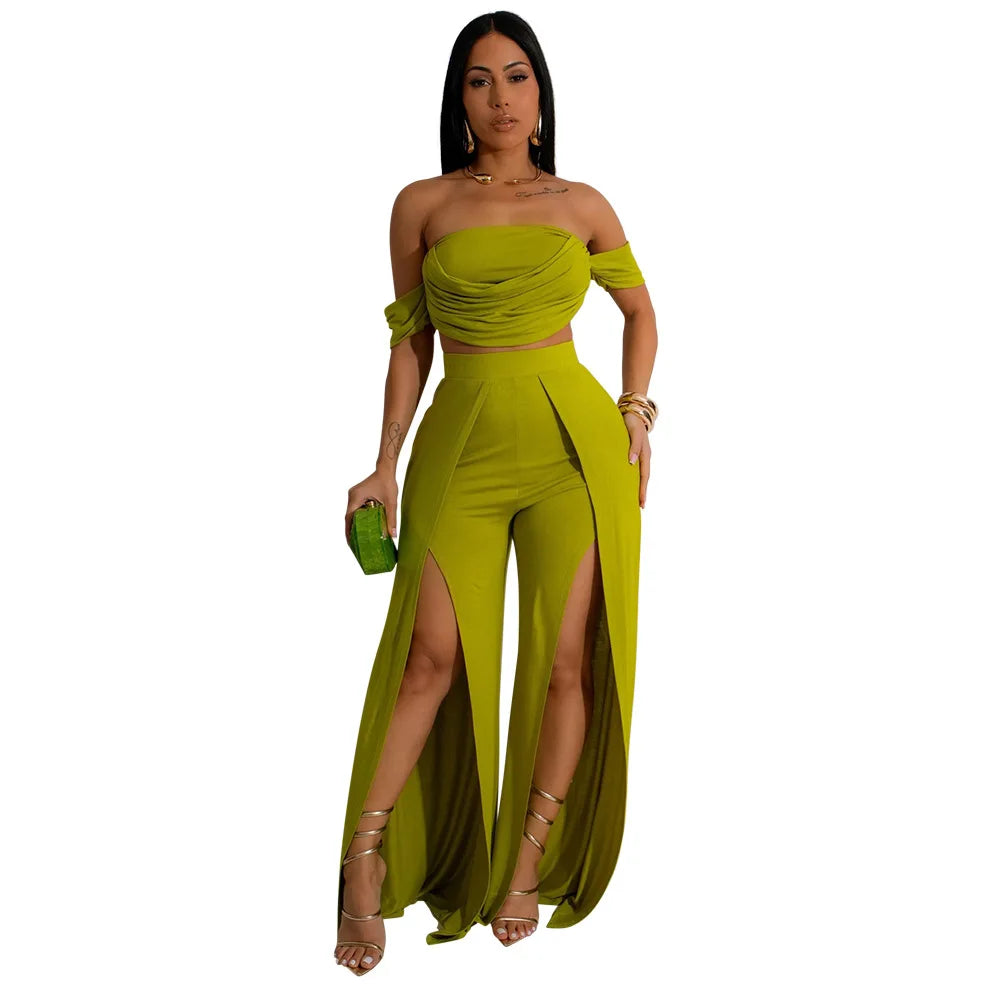 CM.YAYA Women's Set Short Sleeve Slash Neck Ruched Tops and Wide Leg split Pants 2024 Street Two 2 Piece Sets Outfit Tracksuits