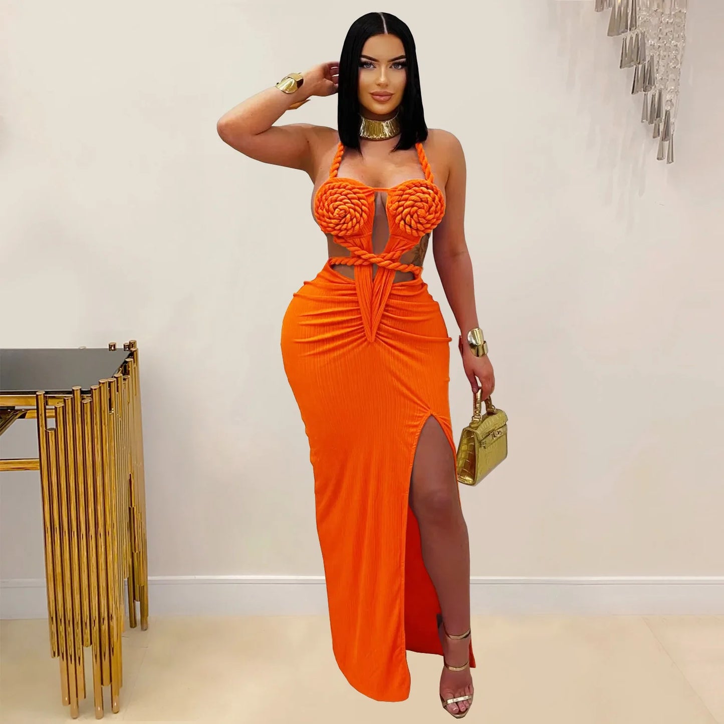 Joskaa Women's 2025 Summer Knit Halter Dress Sexy Hollow Backless Slit Bodycon Maxi Dresses Holiday Party Club Beachwear S-XXL