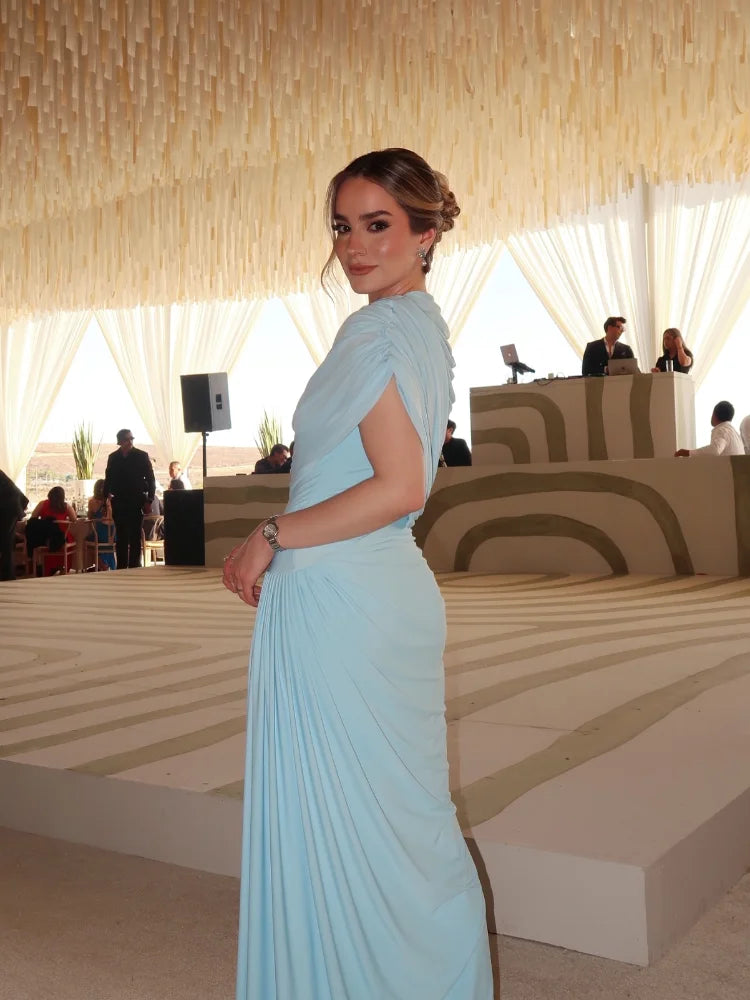 Blue Pleated Shawl Maxi Dress Women Elegant Short Sleeve Slim Fit Evening Party Robe 2025 Autumn Summer Chic Solid New Vestidos