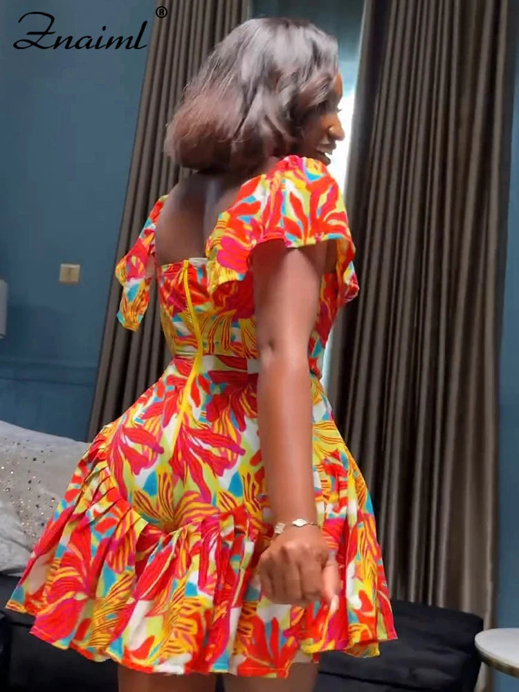 Znaiml Fashion Summer Playsuit Low Cut Short Sleeve Pleated Ruffles Printing Playsuit Women Boho African Orange Short Jumpsuit