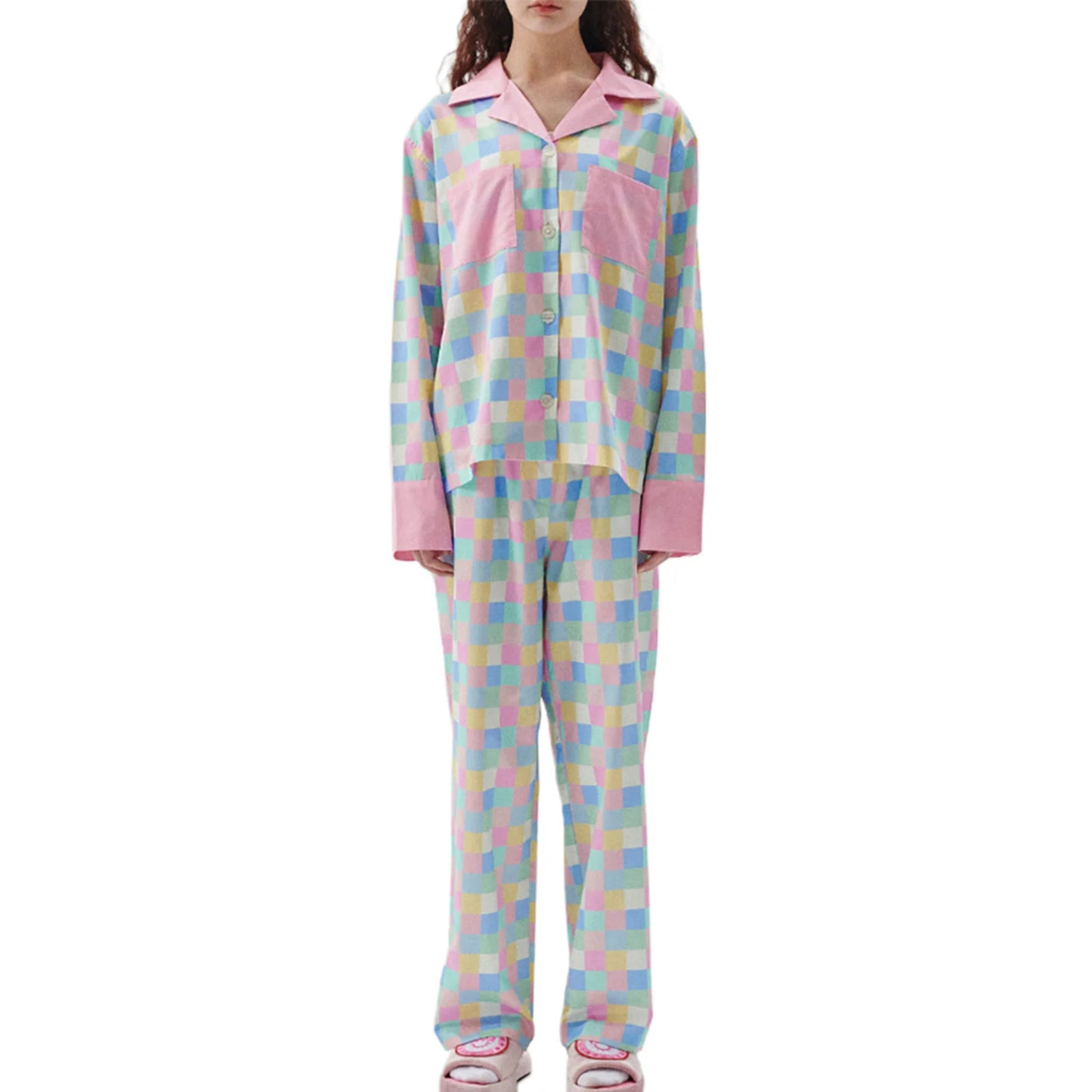 Women 2 Piece Pajamas Set Colorful Plaid Print Long Sleeve Button up Shirt and Elastic Pants for Loungewear Soft Sleepwear Pjs