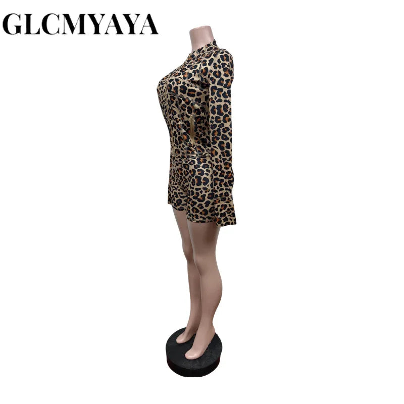 GLCMYAYA Sporty Leopard Printed Women's Set Long Sleeve Tee Tops and Shorts 2025 Fitness Tracksuit Two 2 Piece Set Outfits
