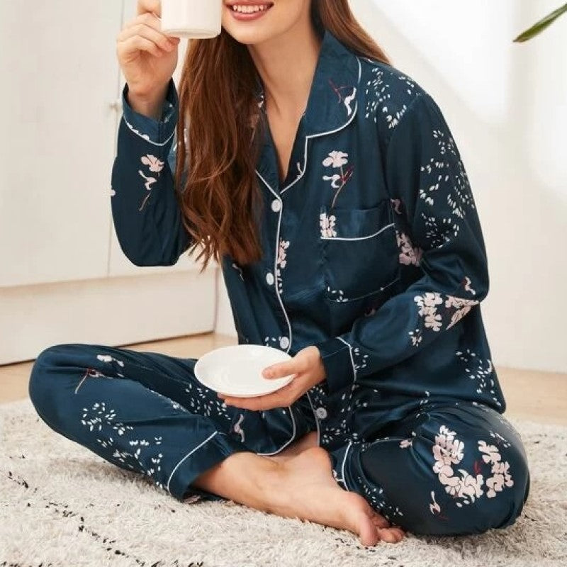 Women 2 Pieces Satin Pajamas Set Spring Autumn Long Sleeve Button Up Shirt and Casual Loose Elastic Pants Sleepwear Loungewear