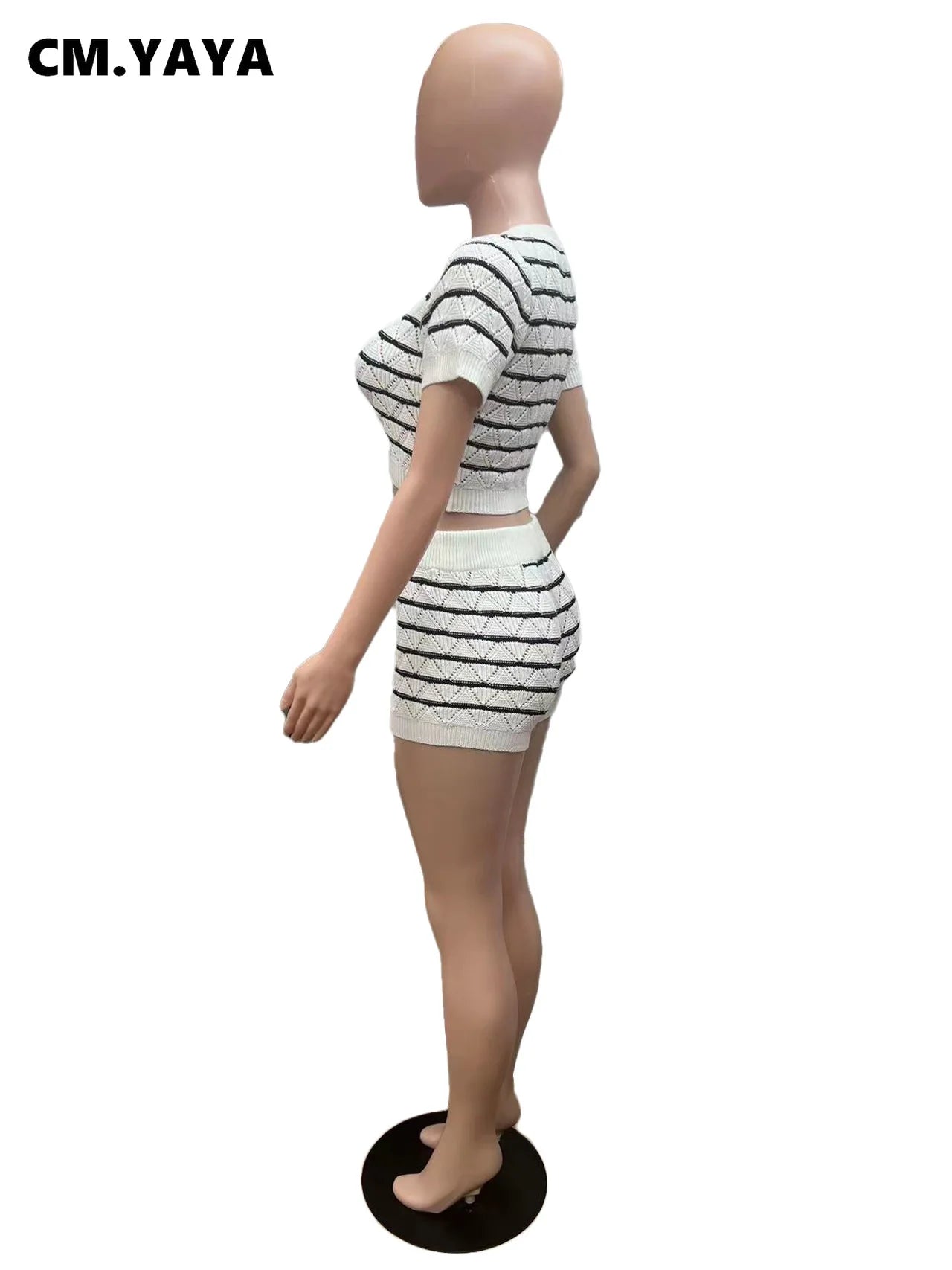 CM.YAYA Women's Set Short Sleeve Top and Shorts 2024 Summer Two 2 Piece Set Outfit Striped Knitted Ribbon Beach Tracksuit