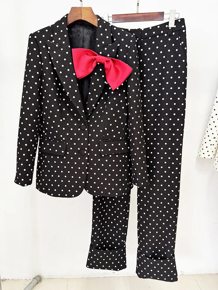 HIGH STREET Newest 2025 Designer Suit Women Bow Decorated Polka Dot Blazer Pants Set 2PCS