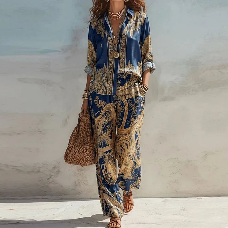 Loose Printed Shirt And Wide Leg Pants Set for Women