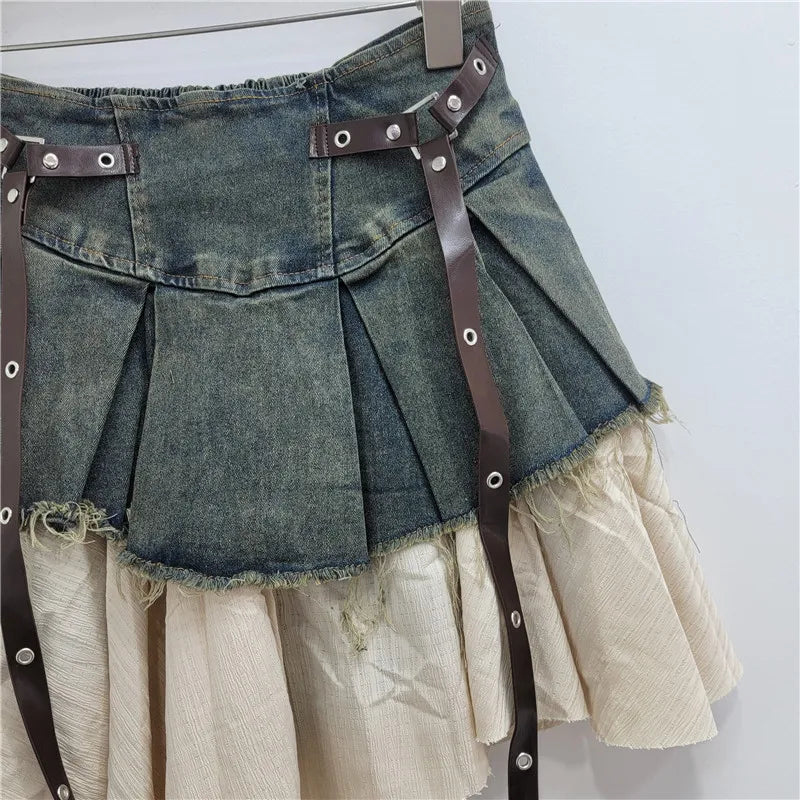 YEAE trendy fashion women's patchwork denim pleated skirt 2024 autumn new high waist strap design A-shaped skirt women