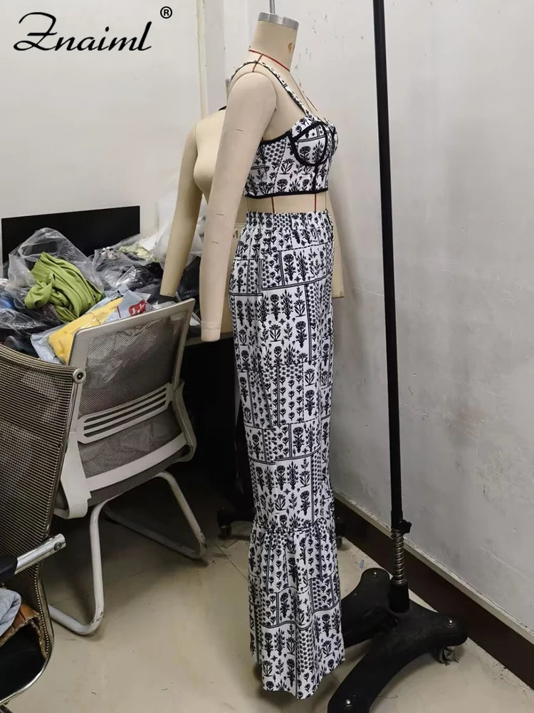 Znaiml Sexy Spaghetti Strap Backless Crop Top and Flare Pants 2 Pieces Set Woman Fashion Black White Print African Outfits 2025
