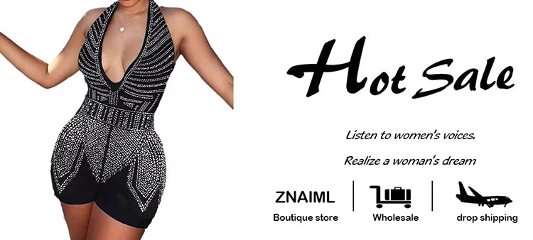 Znaiml Gorgeous Deep V Neck Rhinestone Halter Bandage Playsuits Women Crystal Short Jumpsuits Rompers Night Club Birthday Party