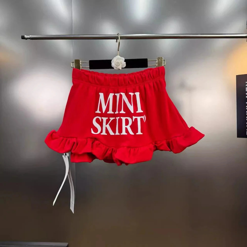 VGH Versatile Patchwork English Letters Short Skirt for Women Low Waist Spliced Ruffles Hem Hotsweet Skirts Female Summer New
