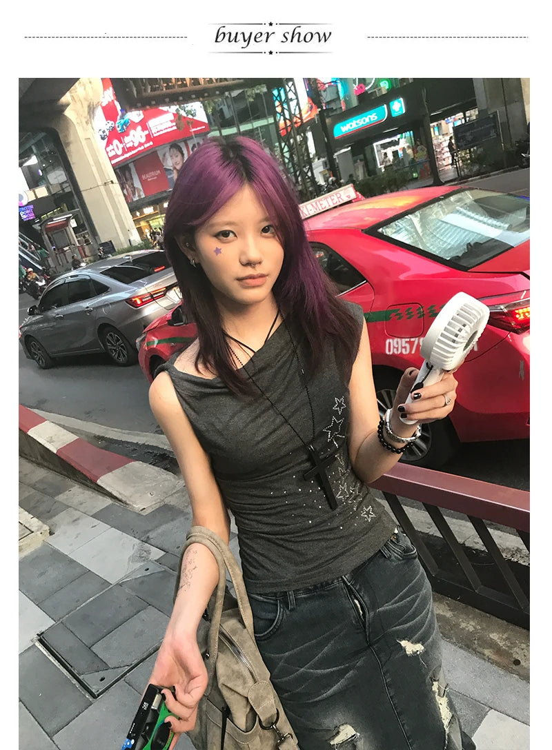 Karrram Japanese Y2k Off Shoulder T-shirt Trashy 2000s Style Rhinestones Sleeveless Top Vintage Harajuku Crop Top American Retro
