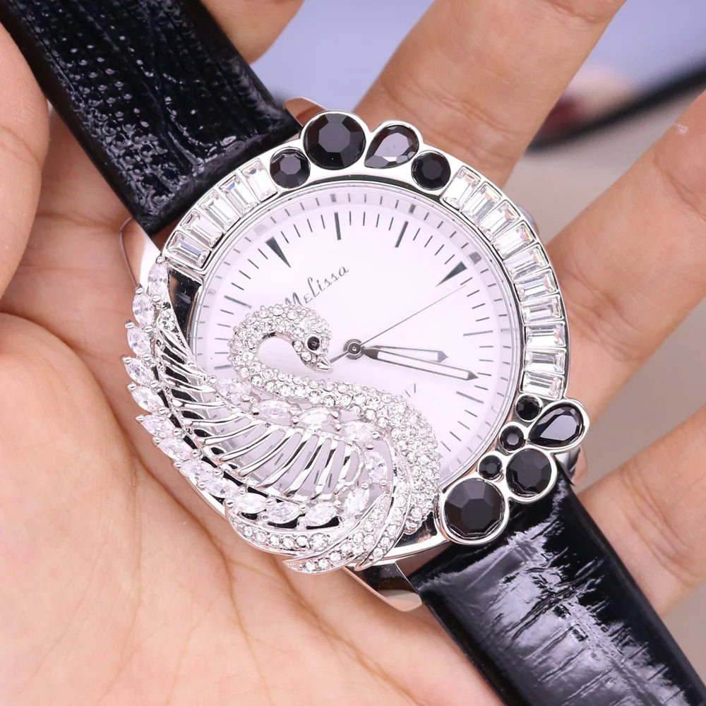 Luxury Unicorn Melissa Women's Watch Rhinestone Crystal Fashion Hour Real Leather Bracelet Clock Girl's Birthday Gift Box